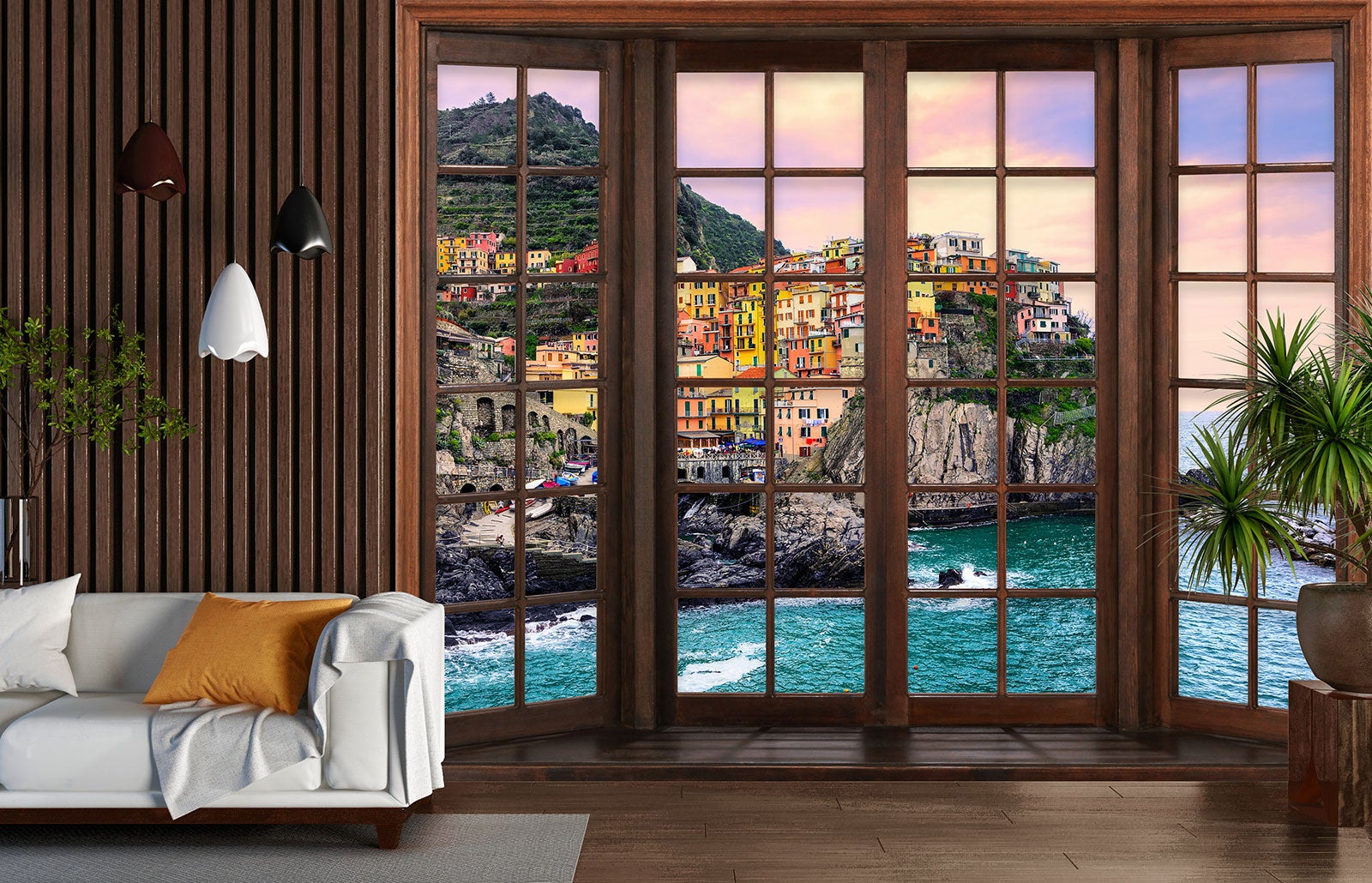 Papier peint panoramique Trompe l'oeil Fenêtre en bois - Cinque Terre - Largeur 130 cm x Hauteur 104 cm - 4