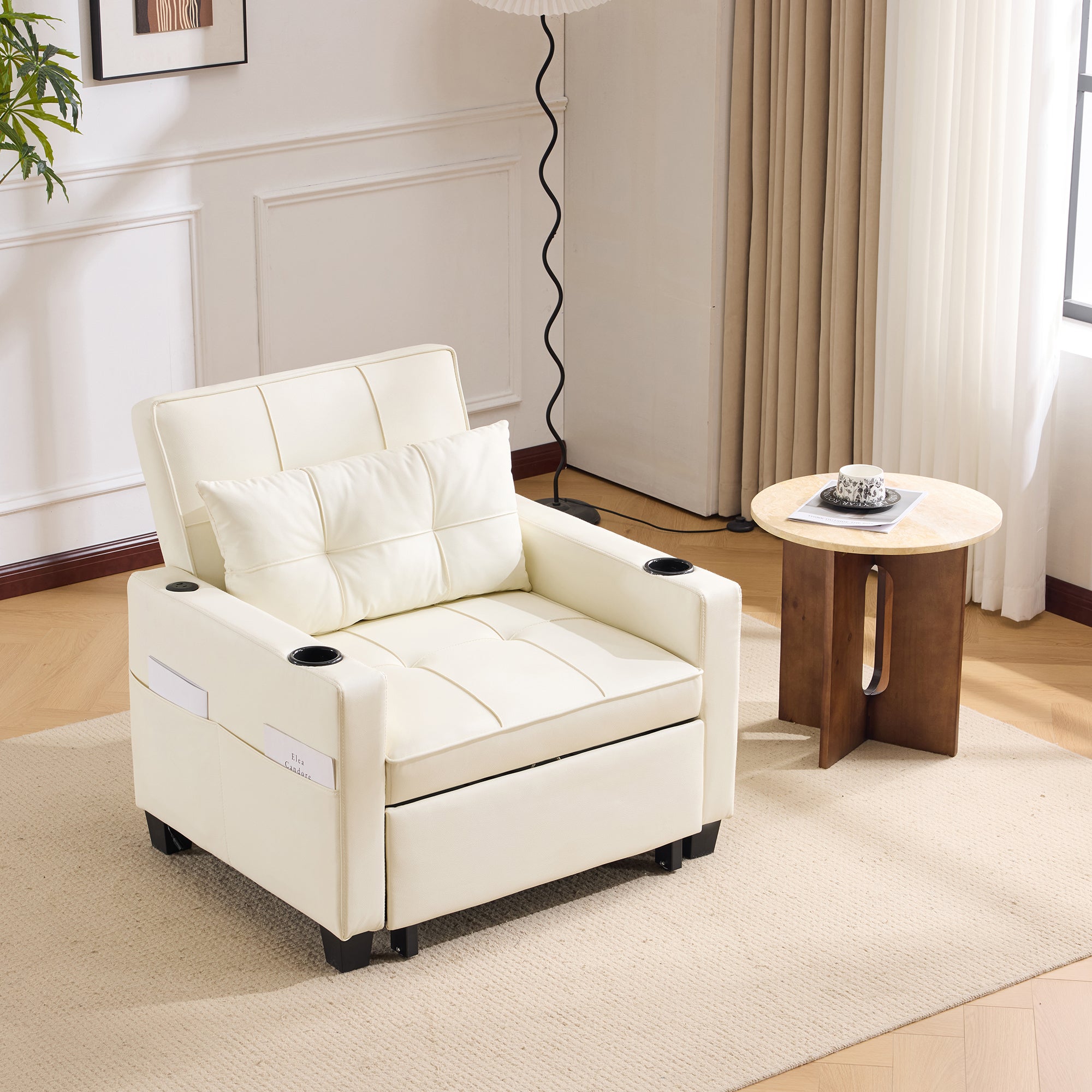 Canapé-lit simple convertible 3 en 1 avec porte-gobelets et port USB , Fauteuil avec 1 Oreiller, Poche de Rangement Latérale, Beige - 3