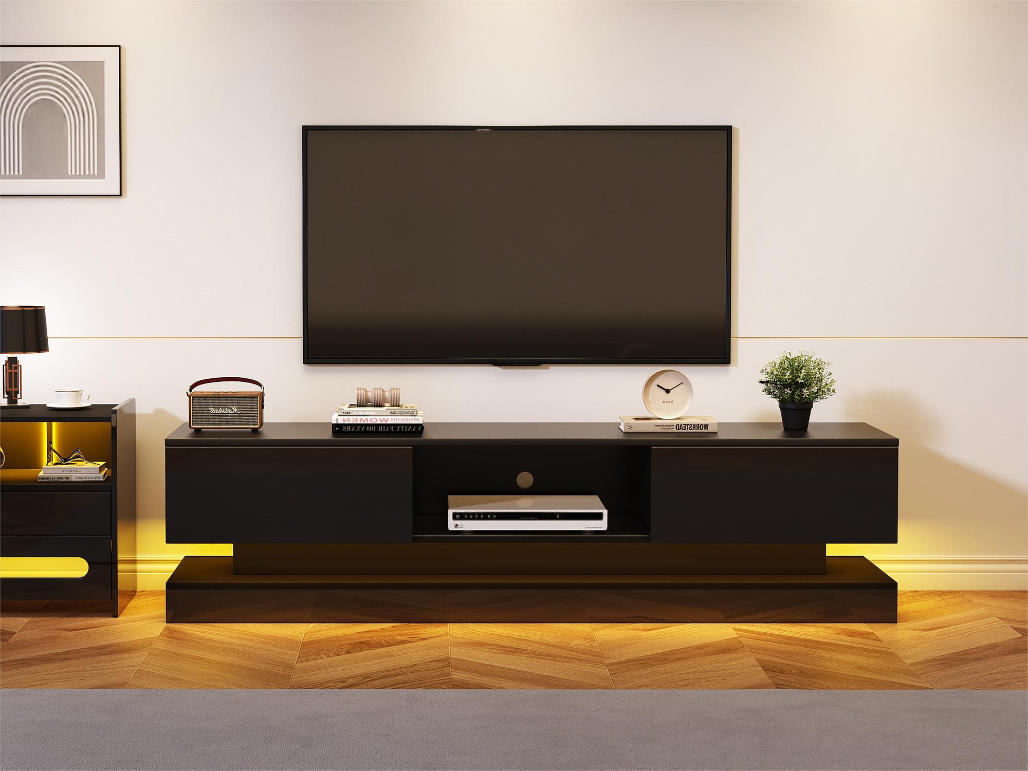 Szafka RTV z oświetleniem LED, 160 cm - 2 szuflady i 1 otwarta przegroda - odpowiednia do telewizorów 60" - czarna