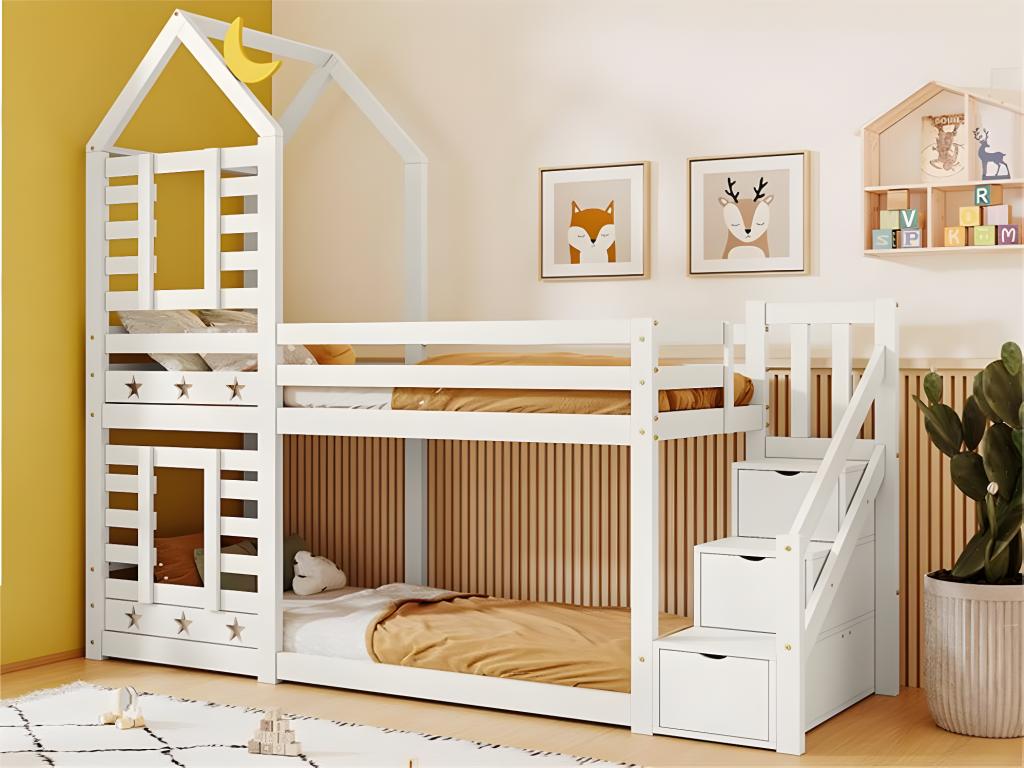 Lit cabane enfant 90x190cm - avec barrières de sécurité - bois massif - blanc (sans matelas) | Leroy Merlin