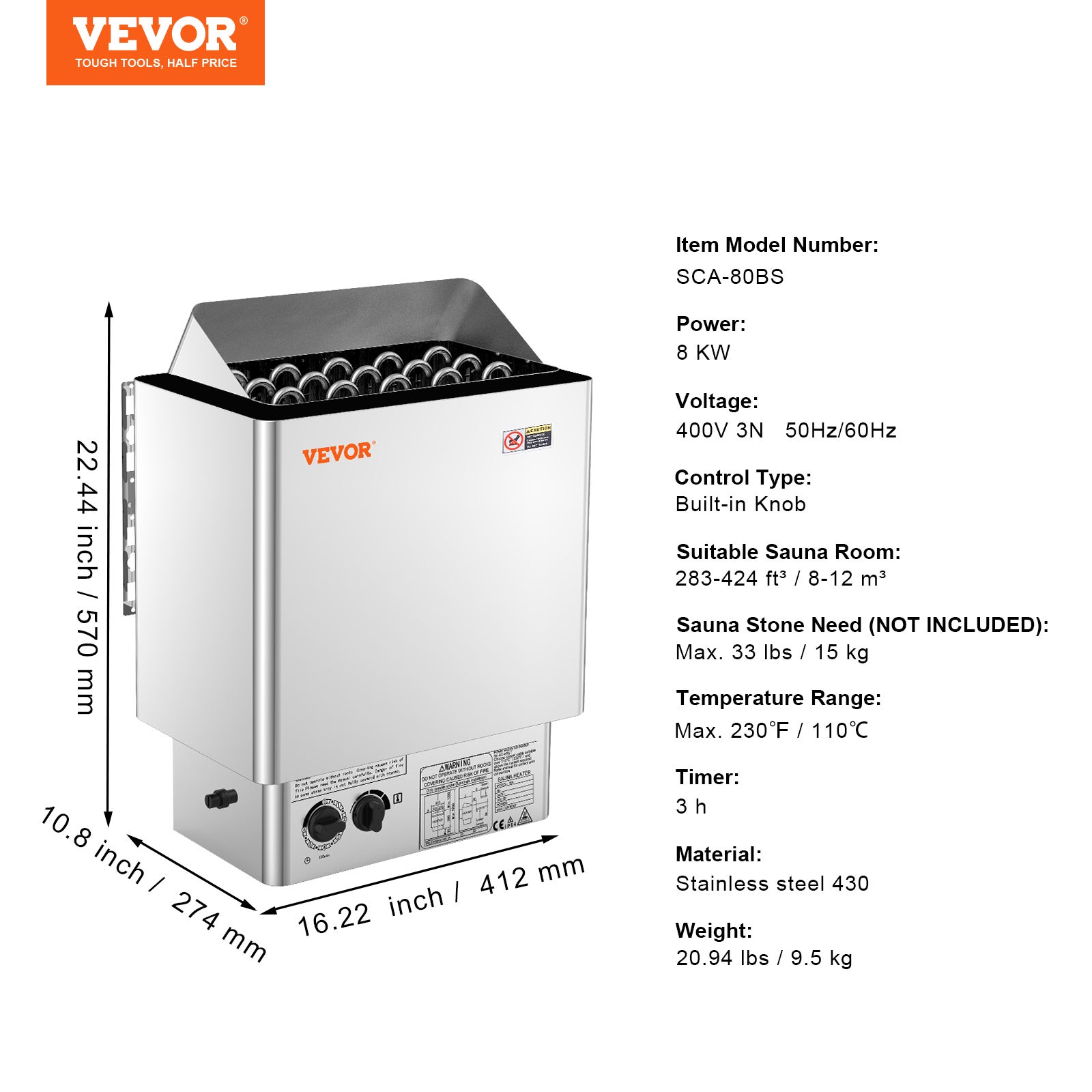 Poêle Sauna Électrique VEVOR, 8 kW, 400 V 3 N, avec Minuterie 3 h, Contrôleur Intégré, 110℃ Max, pour Sauna 8-12 m³, Spa Hôtel, Pierres Non Incluses - 7