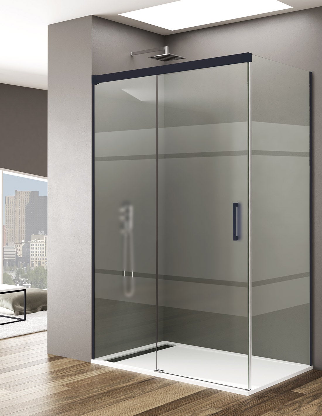 Mampara de ducha angular allstone basic 1+1 con lateral fijo, sin perfil inferior. 160x70 cm cristal serigrafiado perfil negro
