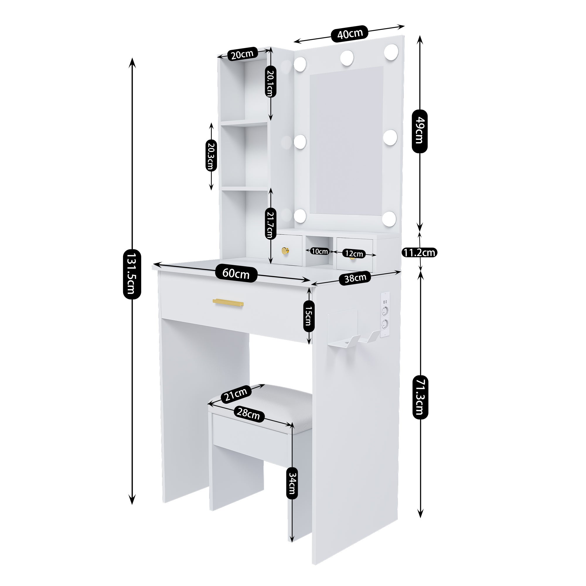 Coiffeuse 60x38x131.5 cm avec miroir, éclairage LED 3 modes, prise intégrée, MDF blanc - 3