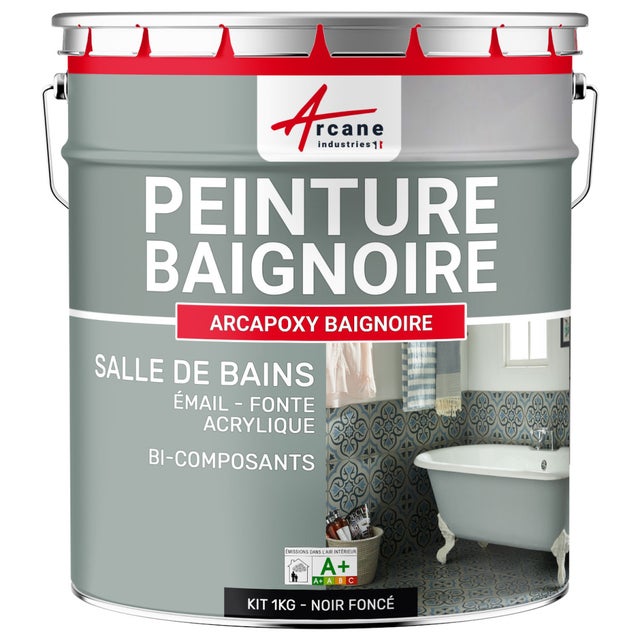 PEINTURE BAIGNOIRE LAVABO - Résine Époxy Pour Rénovation - 1 kg (jusqu'à 3 m² en 2 couches) Noir foncé RAL 9005 - ARCANE INDUSTRIES