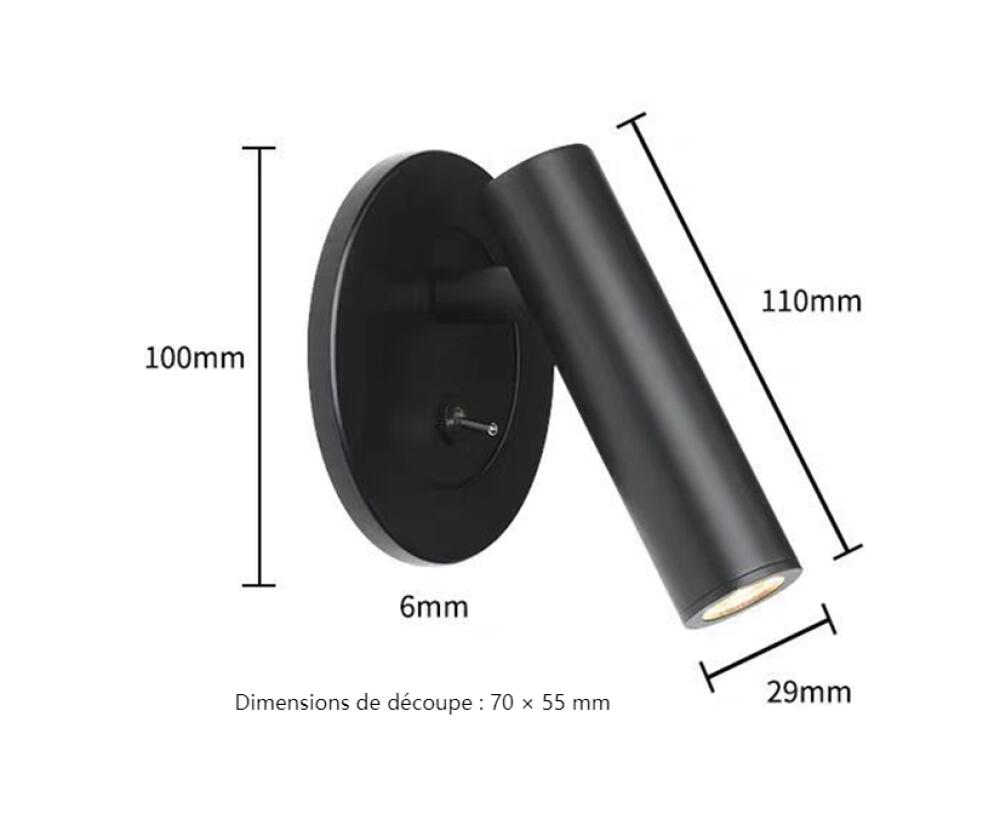 Lampe de lecture encastrée avec interrupteur, spot mural LED 3W, 3000K |Noir, Éclairage d'accentuation for tableau, tête de lit, éclairage mural for c - 2