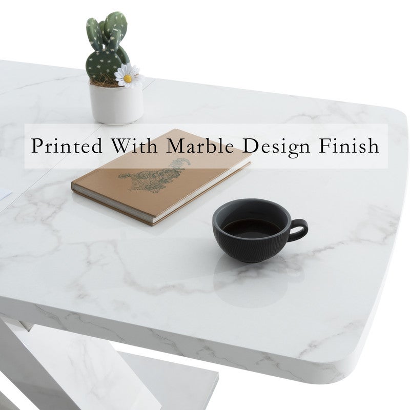 Table a Manger Extensible rectangulaire 120-160cm,Table de Bar Extensible avec plateau en marbre blanc imprimé et pieds en X - 4