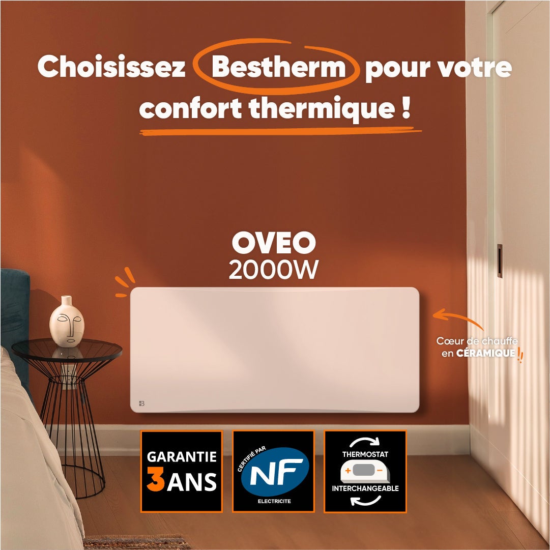 Radiateur électrique fixe à inertie sèche céramique avec thermostat interchangeable 2000W Bestherm OVEO horizontal blanc - 3
