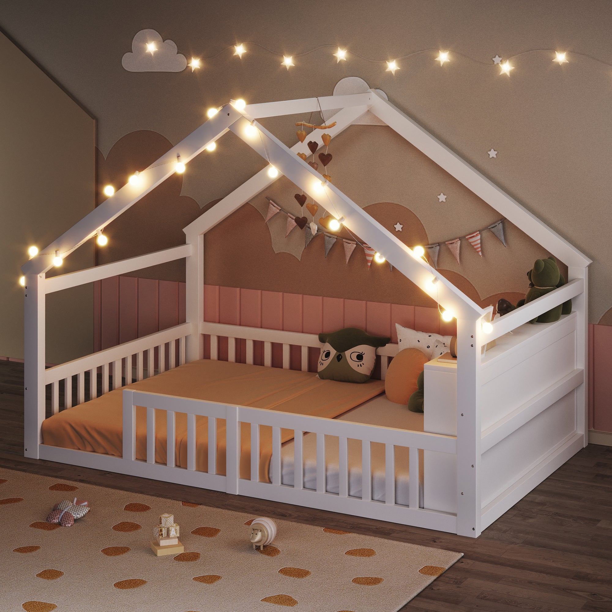 Lit cabane 140 x 190 cm avec barrière et étagères de rangement - Pin + MDF + contreplaqué - Blanc (matelas non inclus) - 2