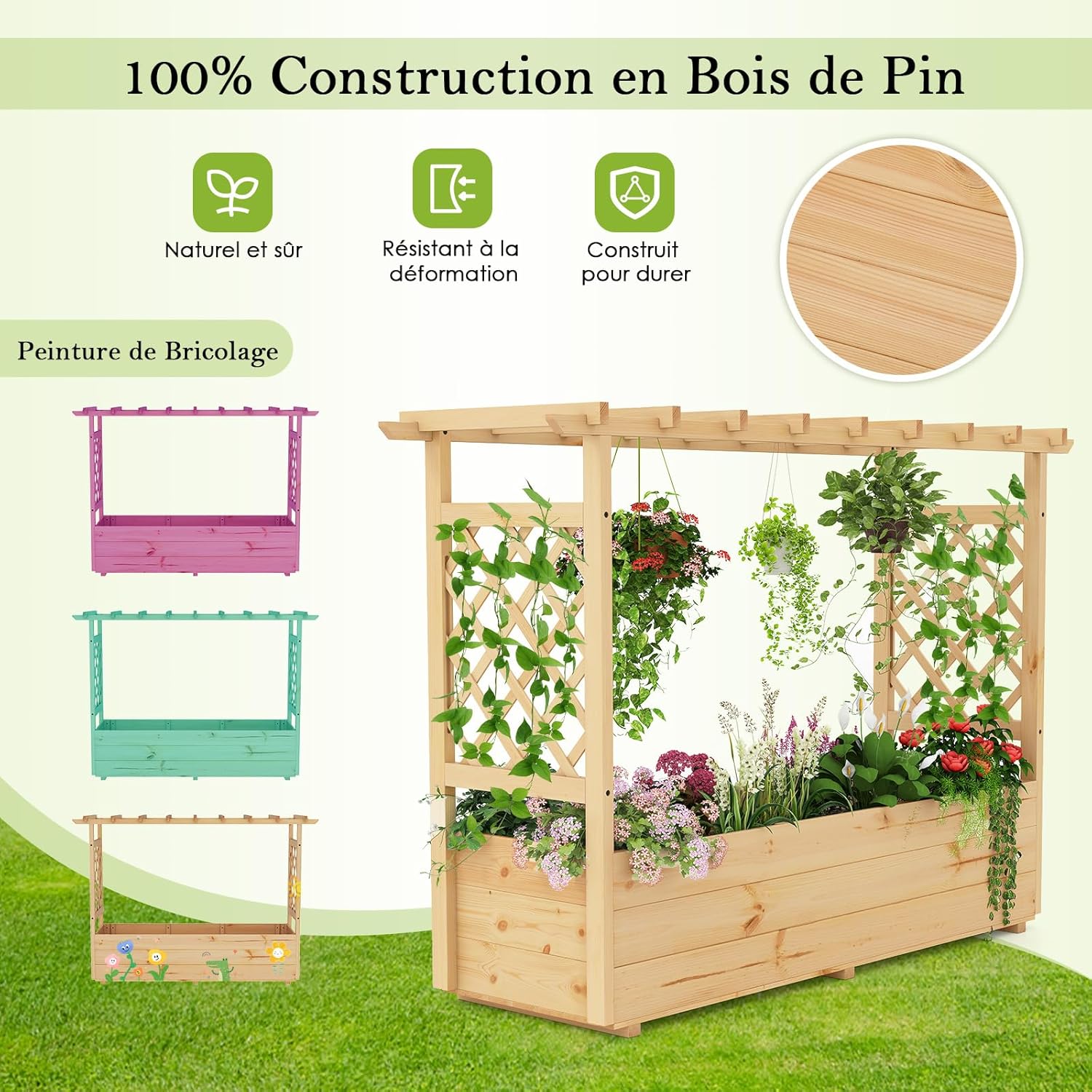 Jardinière avec 2 Treillis Latéraux Toit Suspendu en Bois Massif avec Trou de Drainage, Lit de Jardin Surélevé, 148,5 x 50 x 103,5 cm, Naturel - 7