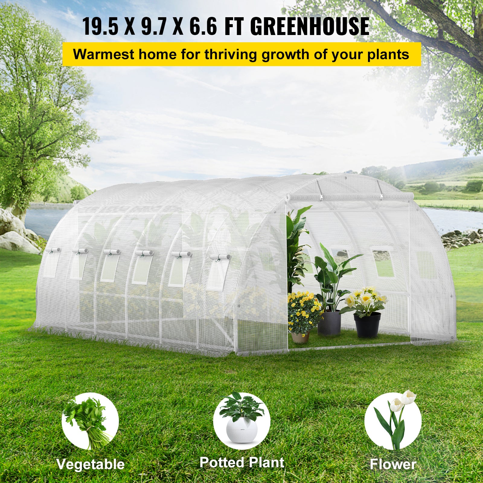 Serre Tunnel Jardin VEVOR 6,1x3x2,1 m Tente Abri Plantes Cadre en Acier Galvanise Couverture Etanche PE 3 Poutres Superieures 4 Poteaux Diagonaux 2 Po - 2