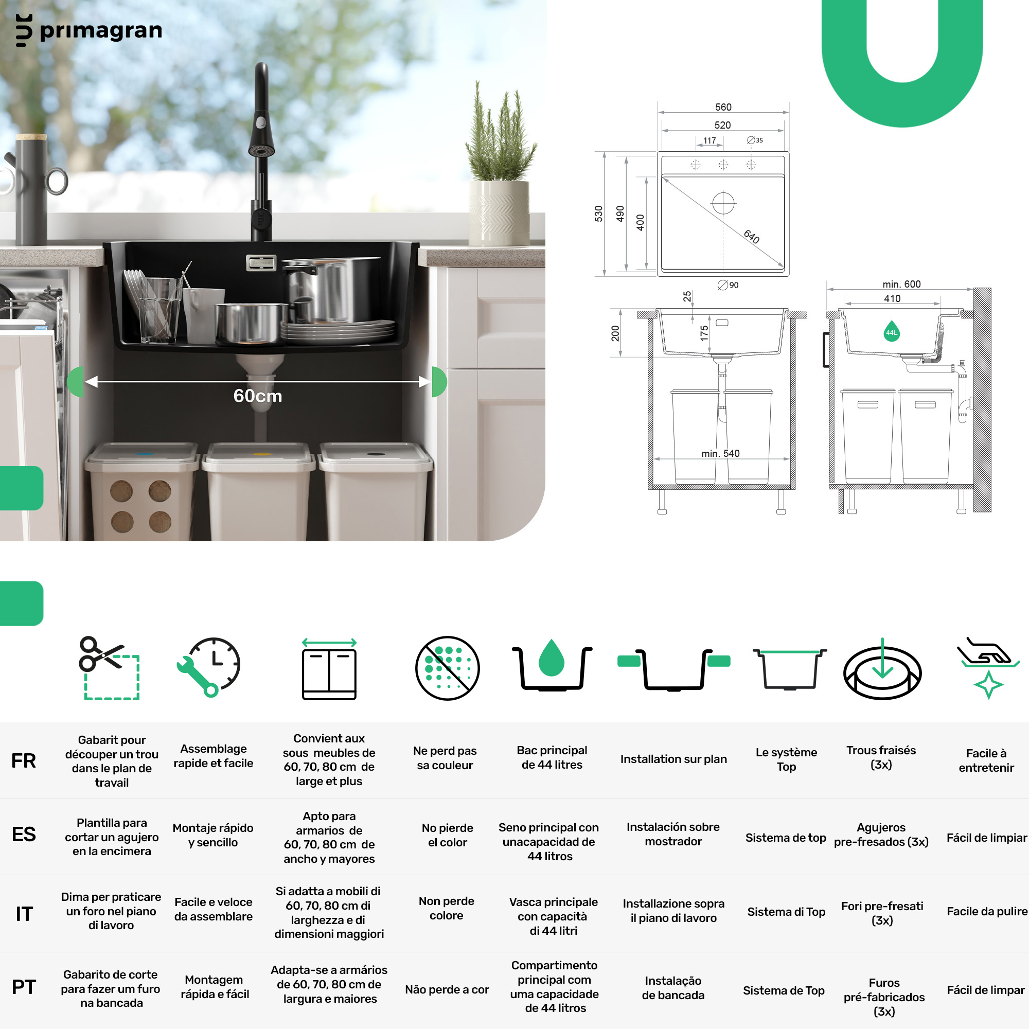 Lavello da Cucina Bianco 56x53cm, Lavandino in Granito a 1 vasca + Sifone Classico + Accessori, Lavabo da Cucina Incasso al mobile 60cm PRIMAGRAN - 6