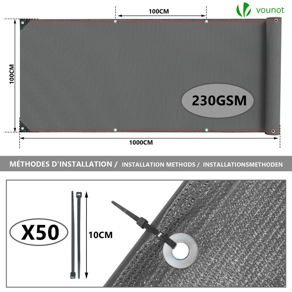 Brise vue occultant en HDPE 230g/m² 1x10m avec attaches de fixation gris VOUNOT® - 2