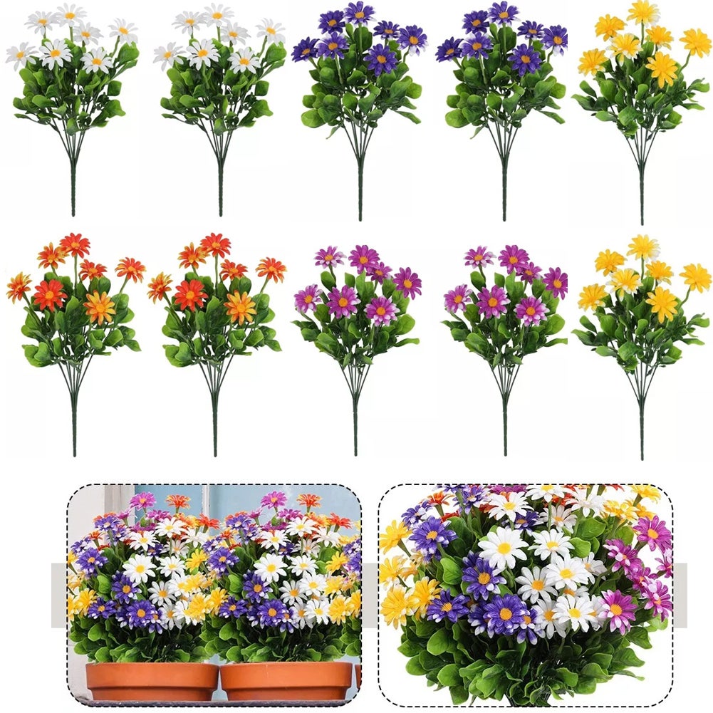 Fiori artificiali, 10 mazzi di margherite artificiali in seta, resistenti ai raggi UV, per esterni, con steli, arbusti vegetali, composizioni per casa, giardino, decorazione (bianco e rosa