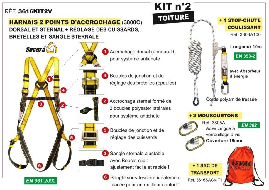 Kit harnais antichute N2 Toiture 3616KIT2V Levac - 3