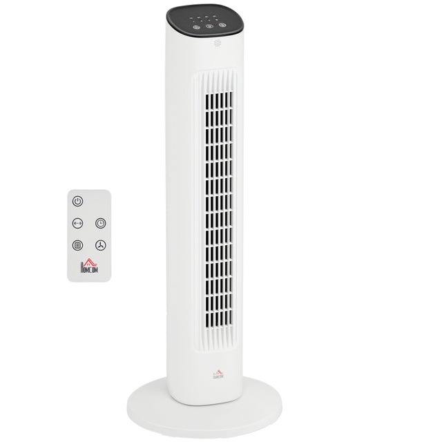 Ventilateur tour oscillant 85° avec télécommande, 3 vitesses, 2 modes, minuterie, affichage LED, 30 x 30 x 78 cm, blanc