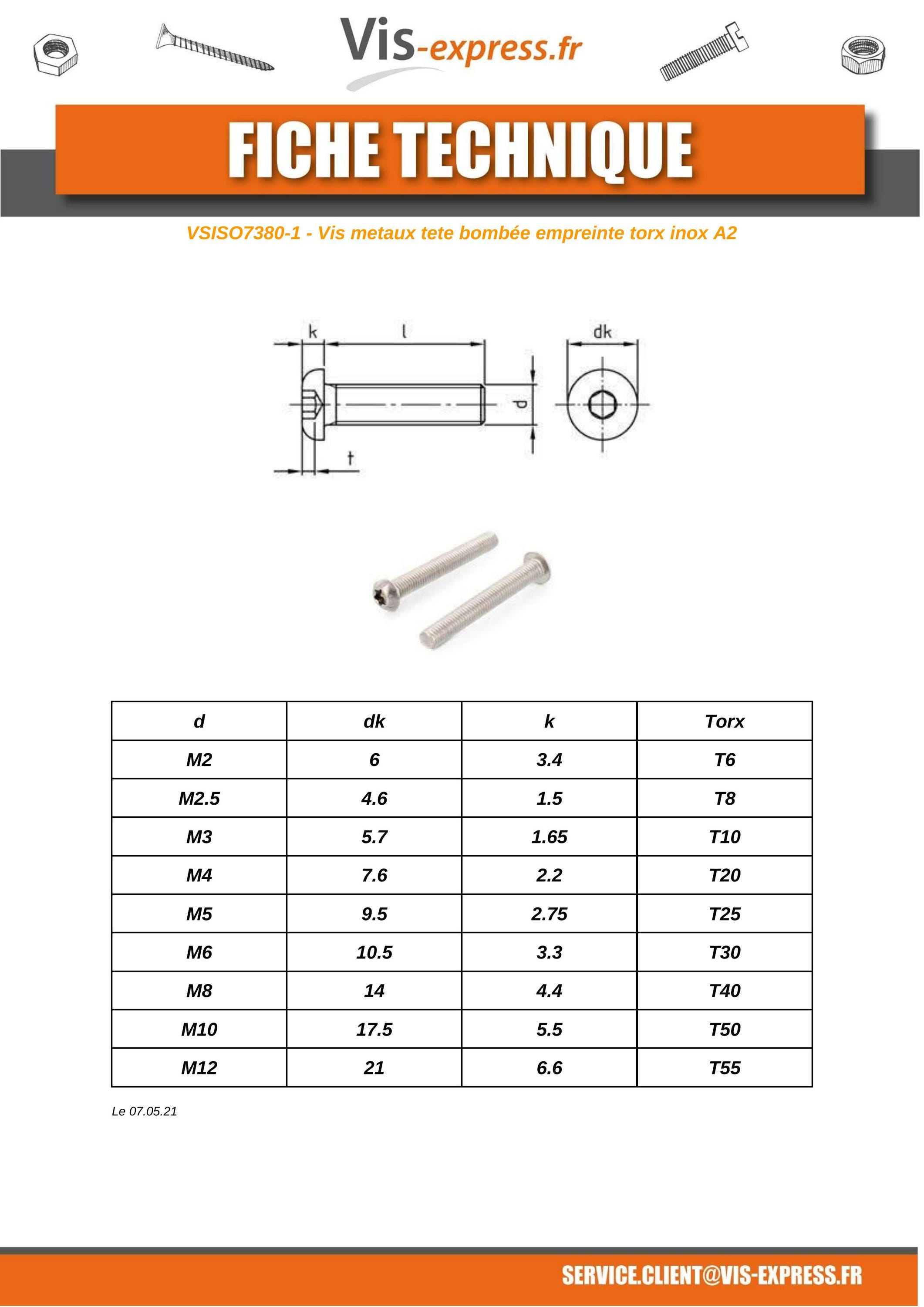 Vis métaux Tête Bombée T55 M12X100 Filetage total Inox A2 20 pièces