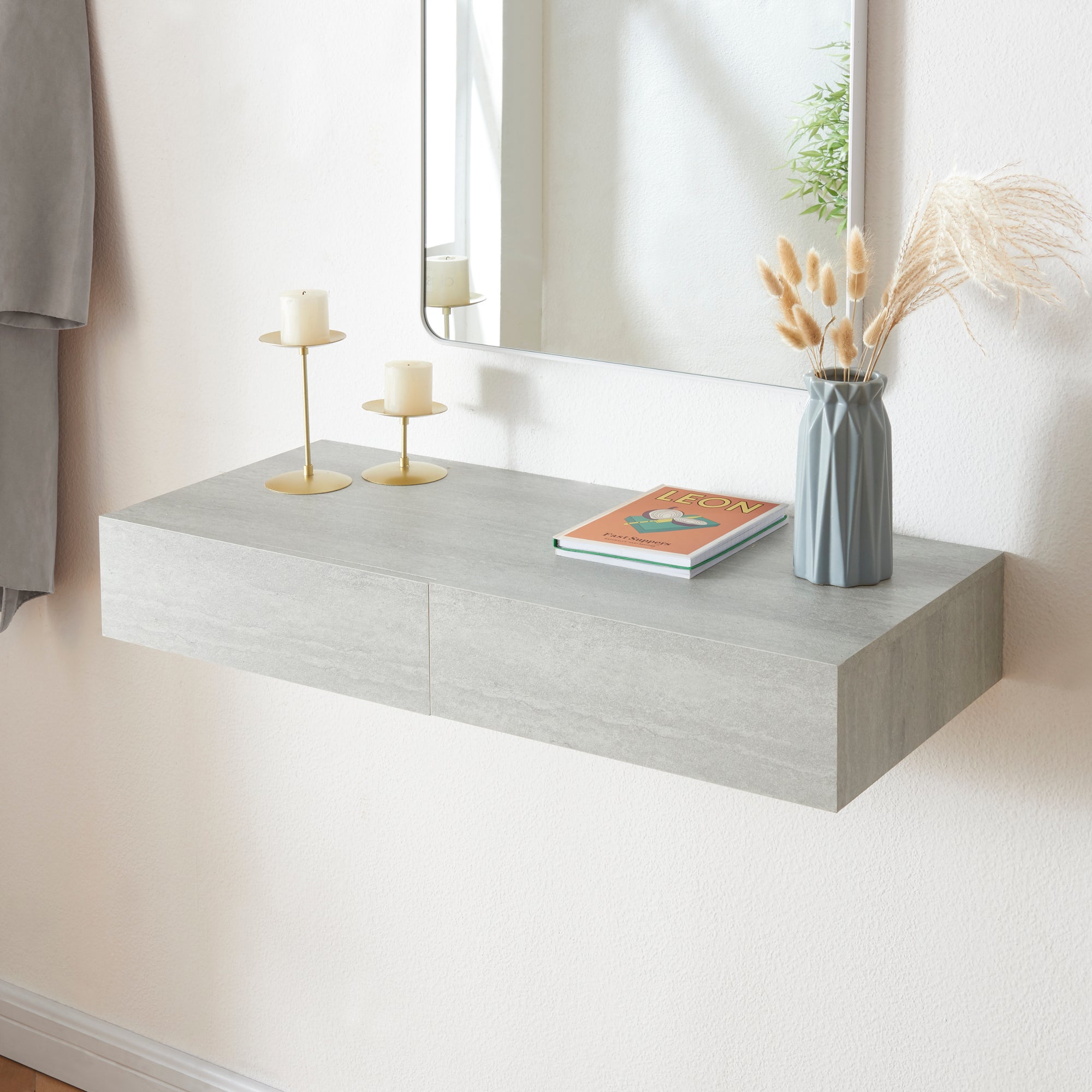 en.casa] Wall shelf Karstula with 2 drawers 80x35x12 cm white