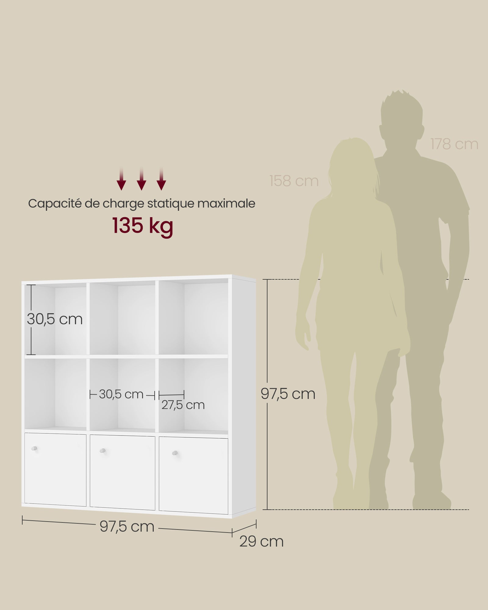 Bibliothèque,Meuble de rangement,Casier jouet enfant - 97,5 x 30 x 97,5 cm - avec 3 placards inférieurs - 5