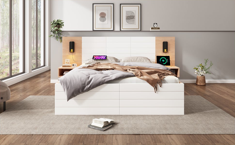 Lit double 160x200 cm avec 2 tiroirs et USB, bois et MDF, blanc, avec matelas - 2