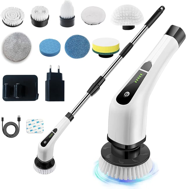 Spazzola Elettrica Rotante senza Fili - Spazzola per Pulizia, Mocio Elettrico senza Cavi, Per Pulire Casa Bagno Cucina, Con Prolunga Estendibile, 9 Te