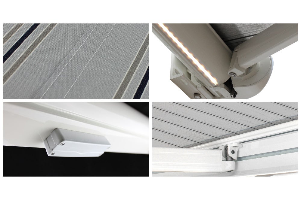 Store banne Coffre intégral PROTECT2 LED SMART Blanc 4,05x3,50m Motorisé à télécommande + Capteur Vent + LED - Toile Grise Rayée - 5
