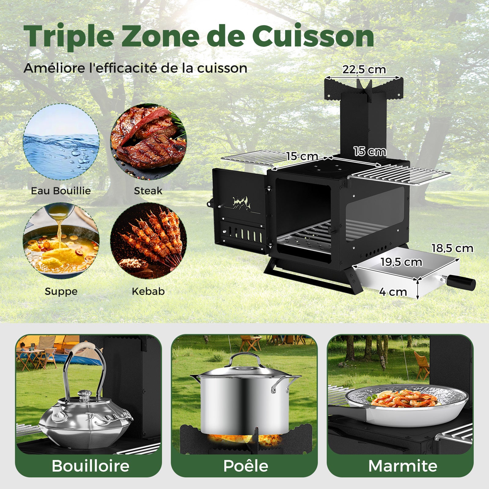 Mini Poêle à Bois Portable avec 2 Grilles, Mini-brûleur Réchaud à Bois avec Vitre pour Camping, Pique-nique, Pêche et Barbecue, 54 x 36 x 44 cm - 5