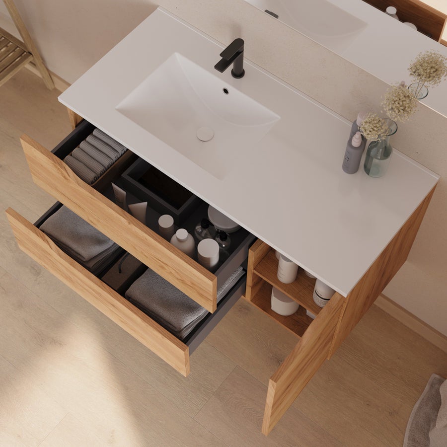 Meuble sous vasque seul, 2 tiroirs et 1 porte, 100cm, pour vasque déportée gauche - roble (bois clair) - ZARZA - 2