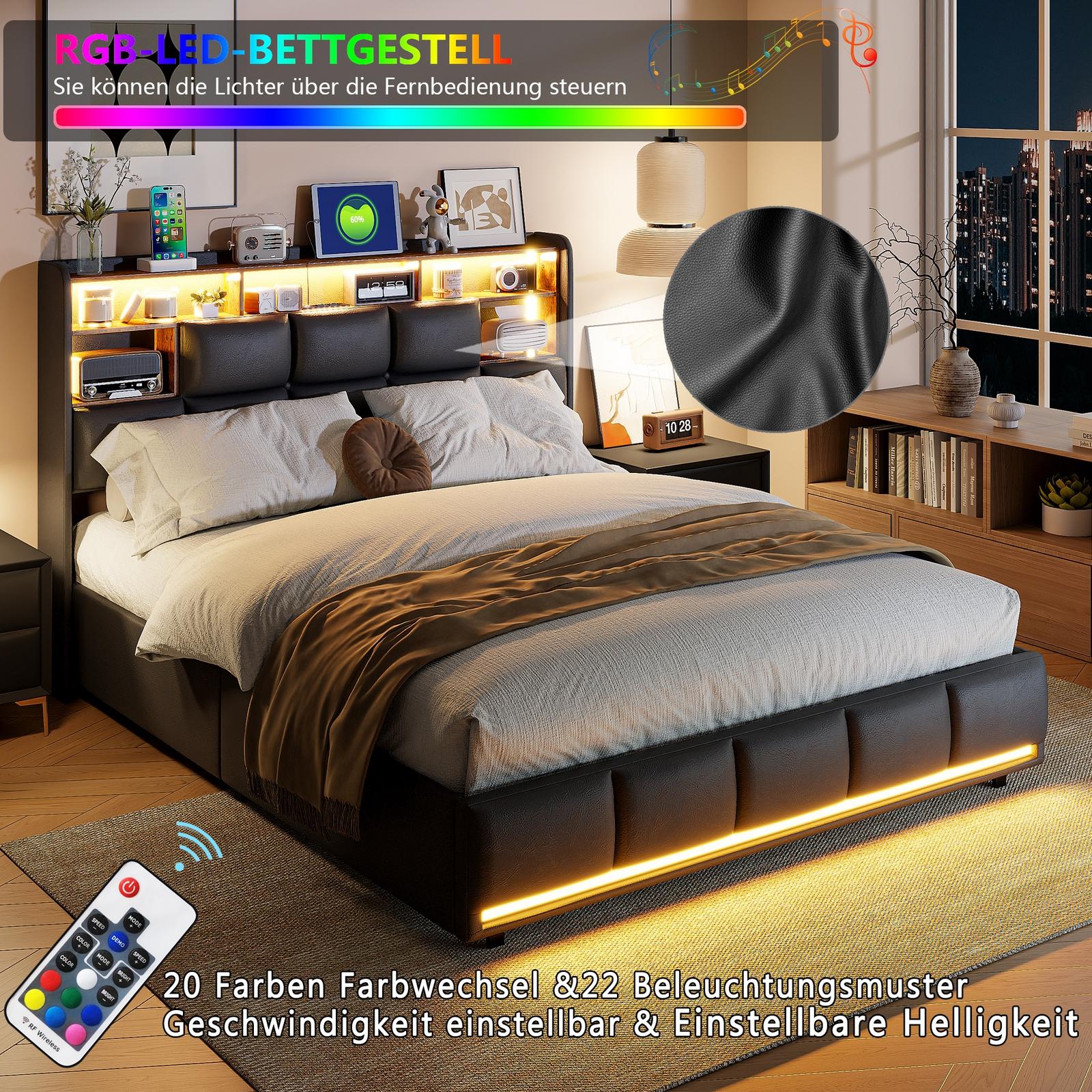 Lit 160x200cm - Lit Coffre 160 et Sommier - Tête de Lit avec Rangement & Station de Charge - Éclairage LED RGB - Similicuir Noir - 8