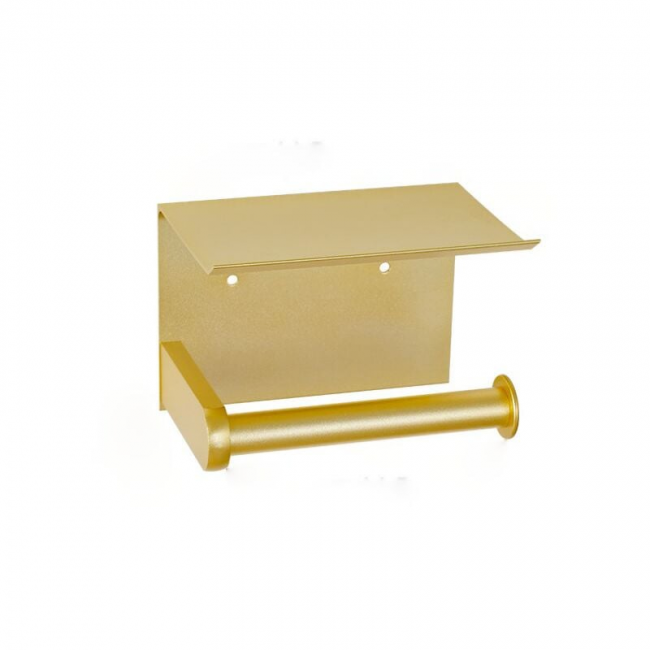Uchwyt na papier toaletowy, ścienny uchwyt na papier toaletowy z półką do przechowywania, samoprzylepny, aluminiowy (złoty)
