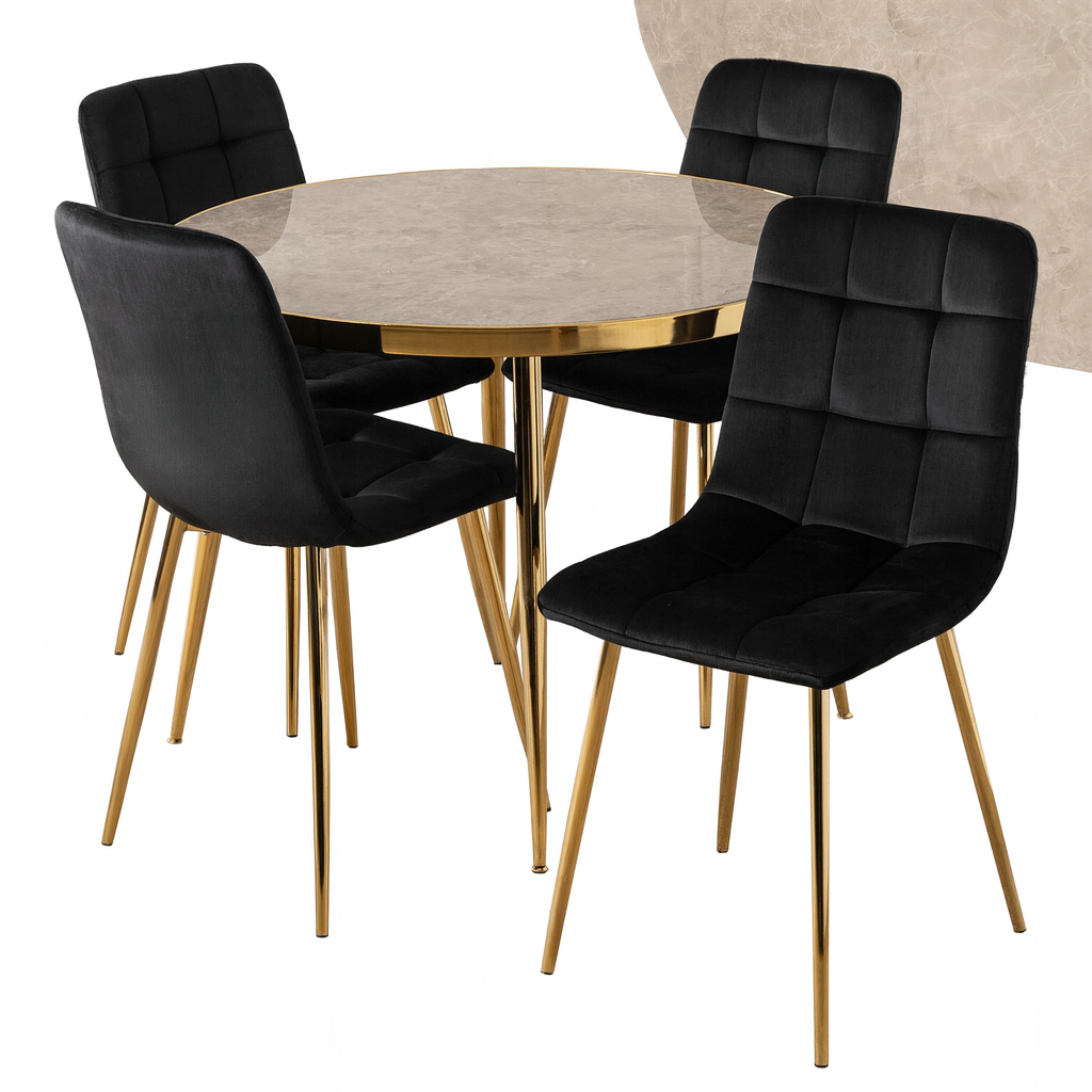Stół Z Krzesłami Zestaw Glamour Złoty Komplet Do Salon Jadalni Kuchni