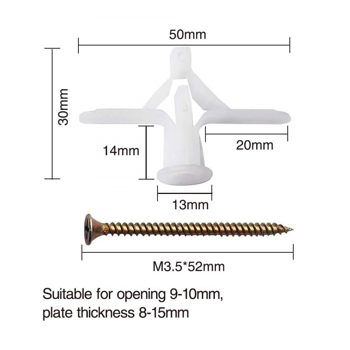 Ensemble d'ancrage pour mur creux de 50 pièces, kit d'ancrage pour cloison sèche avec vis, ancrages pour mur creux auto-perceurs - 2