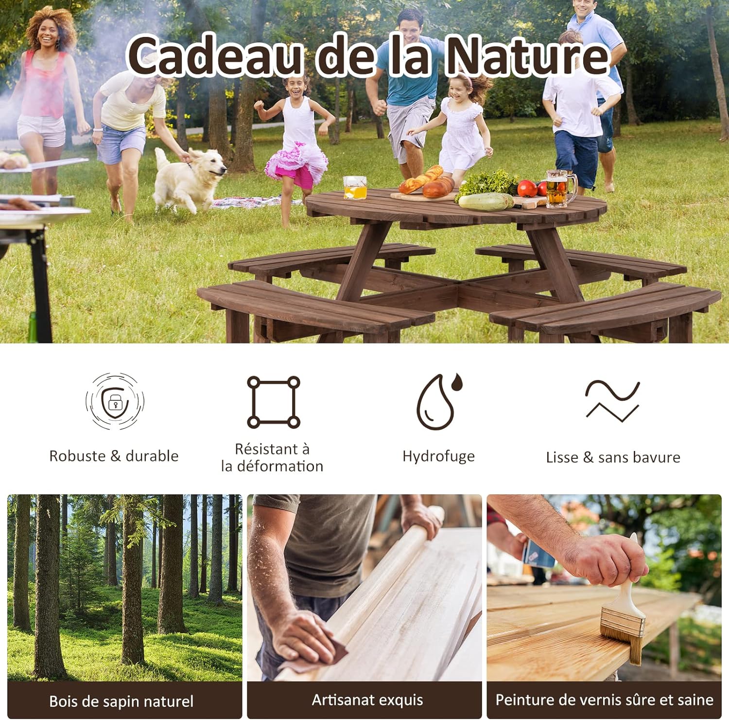 Set Tavolo da Giardino con 4 Panche Integrate, Legno Massiccio, con Foro Ombrellone, per 4-8 Persone, Tavolo Rotondo da Picnic per Esterno, Og - 6