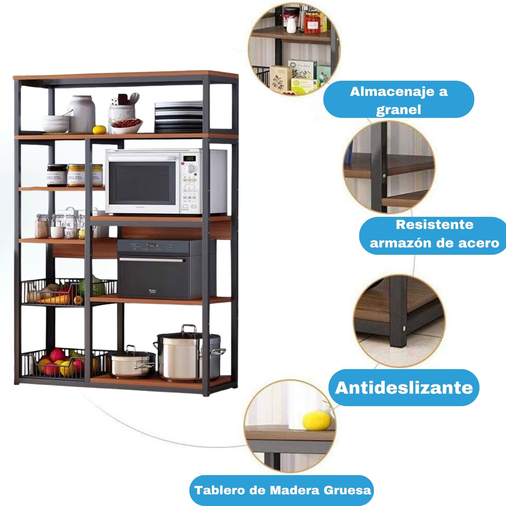 Etagère de cuisine, étagère pour micro-ondes, étagère ouverte 2 grilles et plusieurs étagères 80x30x142cm, couleur noir et bois - 5