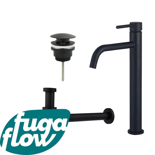 FugaFlow Eccelente Sobrado Slim Slim Kit mitigeur lavabo - robinet rehaussé - bonde clic clac - siphon design bas - Noir mat - 2