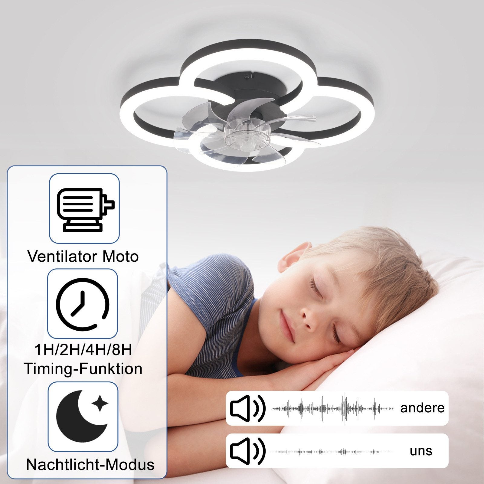 Ventilateur de plafond LED NETTLIFE avec éclairage - 40 W silencieux noir avec télécommande, variateur d'intensité, minuterie à 6 vitesses - 4