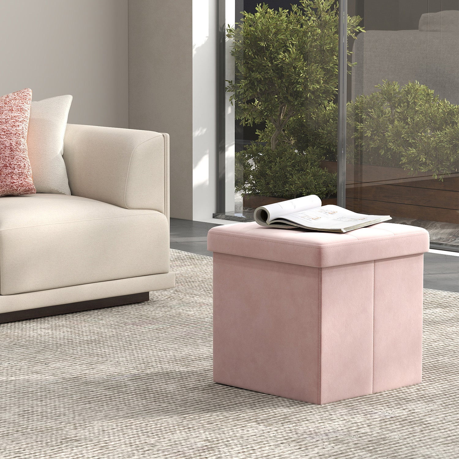 Pouf Pieghevole Contenitore In Ecopelle | Poggiapiedi E Cassapanca | Multiuso | Velluto A Coste Rosa | 38x38x38 Cm