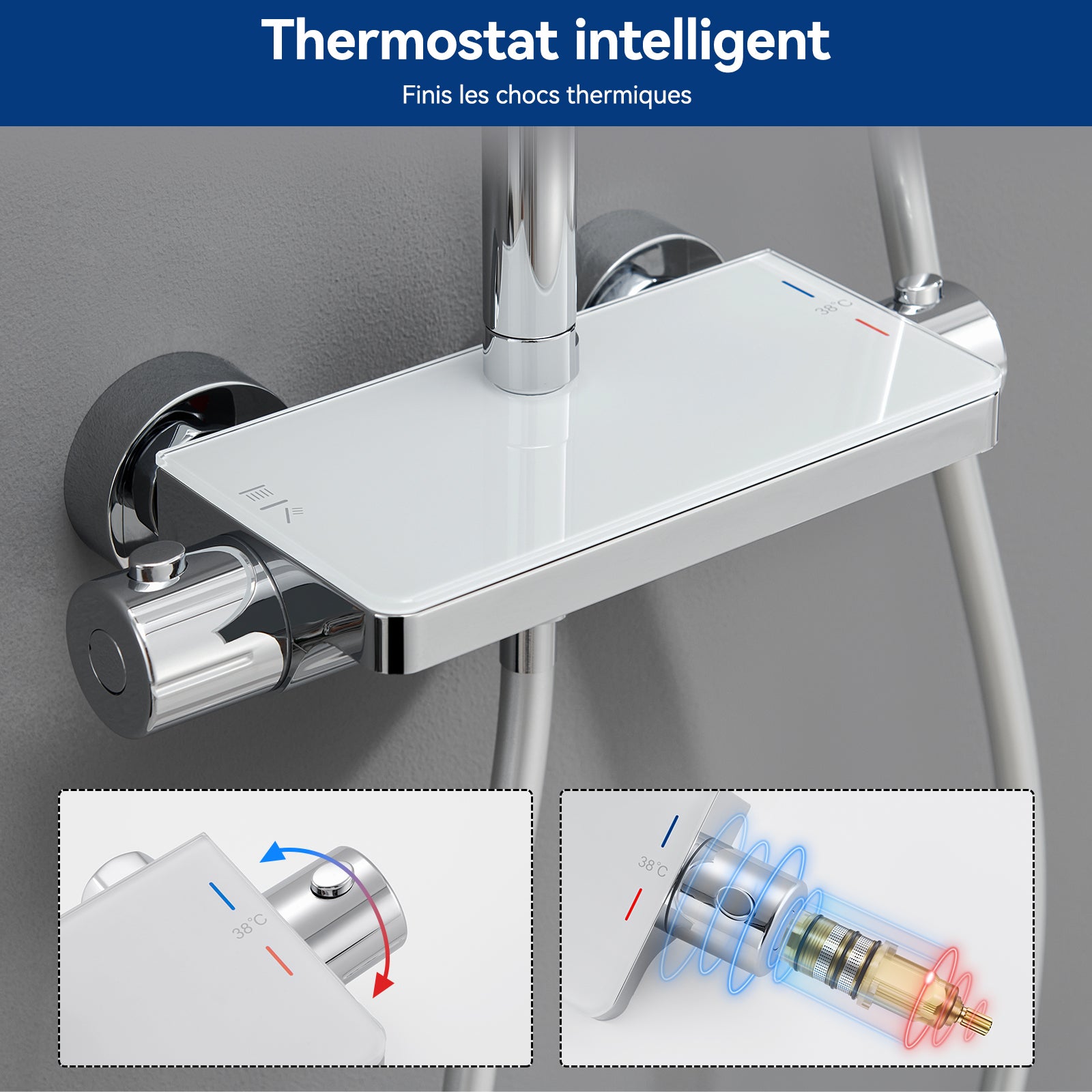 Colonne de douche thermostatique 38°C chromée avec tablette en verre trempé, douche pluie 12 pouces,douchette 3 jets, réglable en hauteur - 2