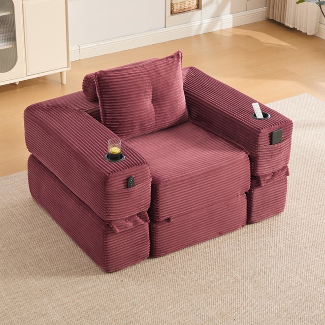 Sofá conversível 122x98x80 cm, bolsos laterais e porta-copos, veludo canelado vermelho