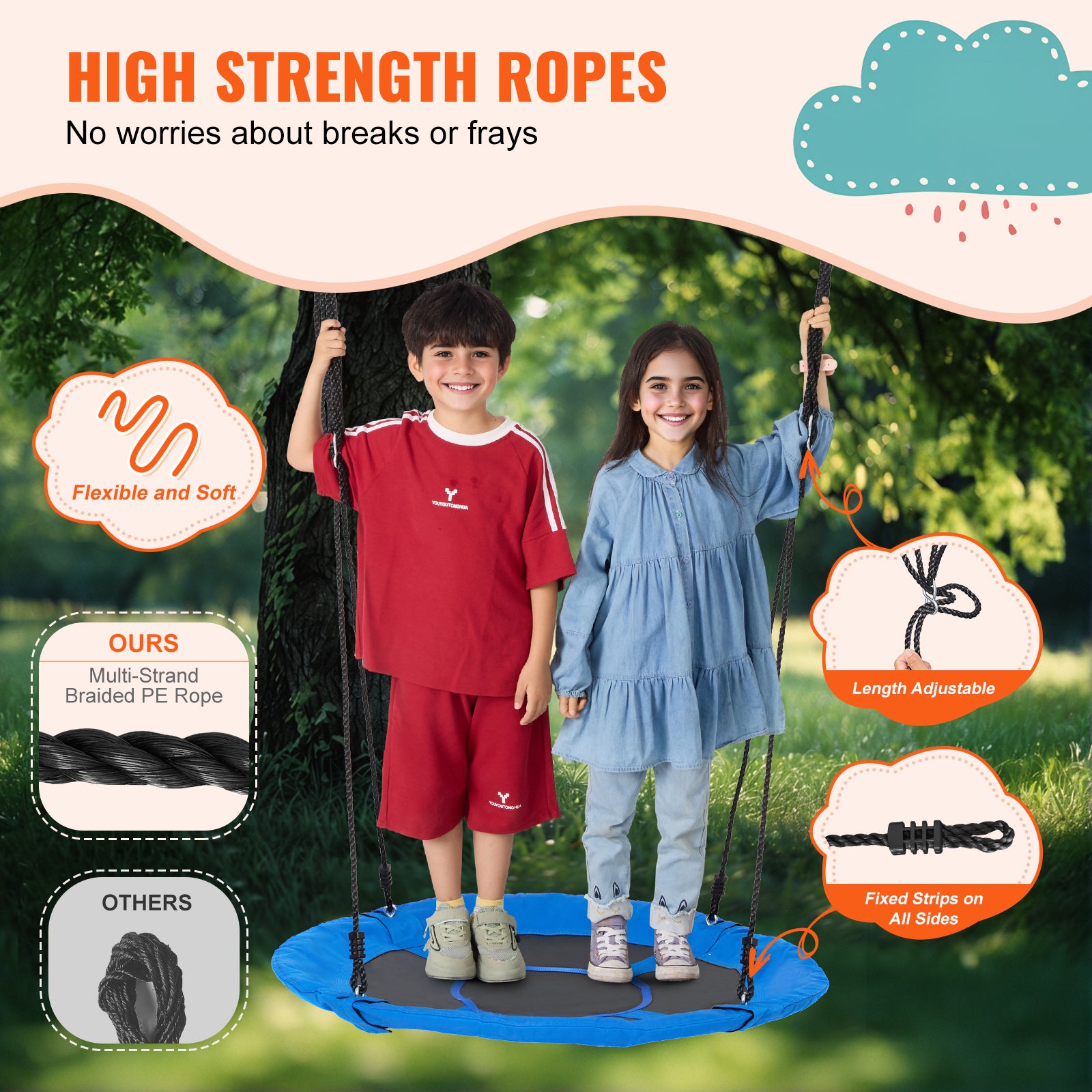 Balançoire d'arbre,SucceBuy balançoire soucoupe de 40 pouces,capacité de 750 lb,siège en tissu Oxford 900D avec 2 sangles et cordes réglables,bleu - 6