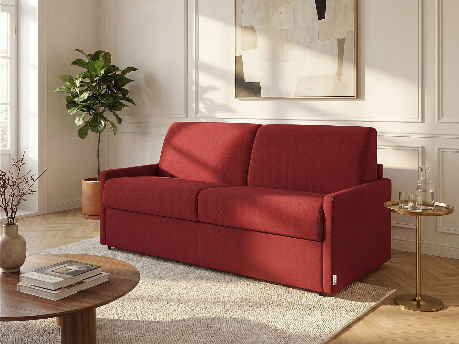 Kanapa 2-osobowa z ekspresowym mechanizmem rozkładania z tkaniny CALIFE - Kolor: czerwony - Miejsce do spania: 120 cm - Materac 22 cm z pamięcią kszta