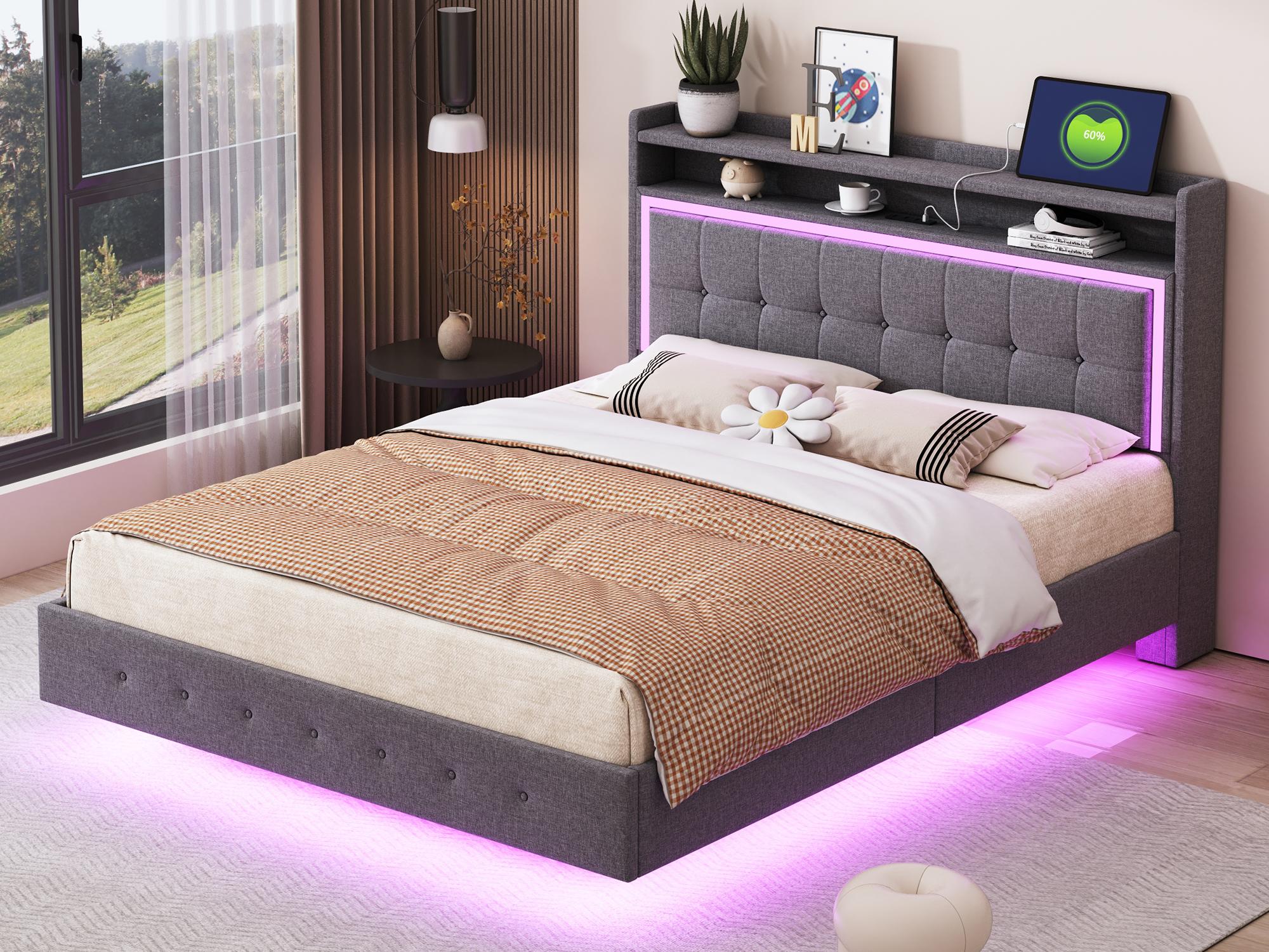 Łóżko tapicerowane 140x200cm w tkaninie lnianej - z wtyczką USB i diodą LED - Szare
