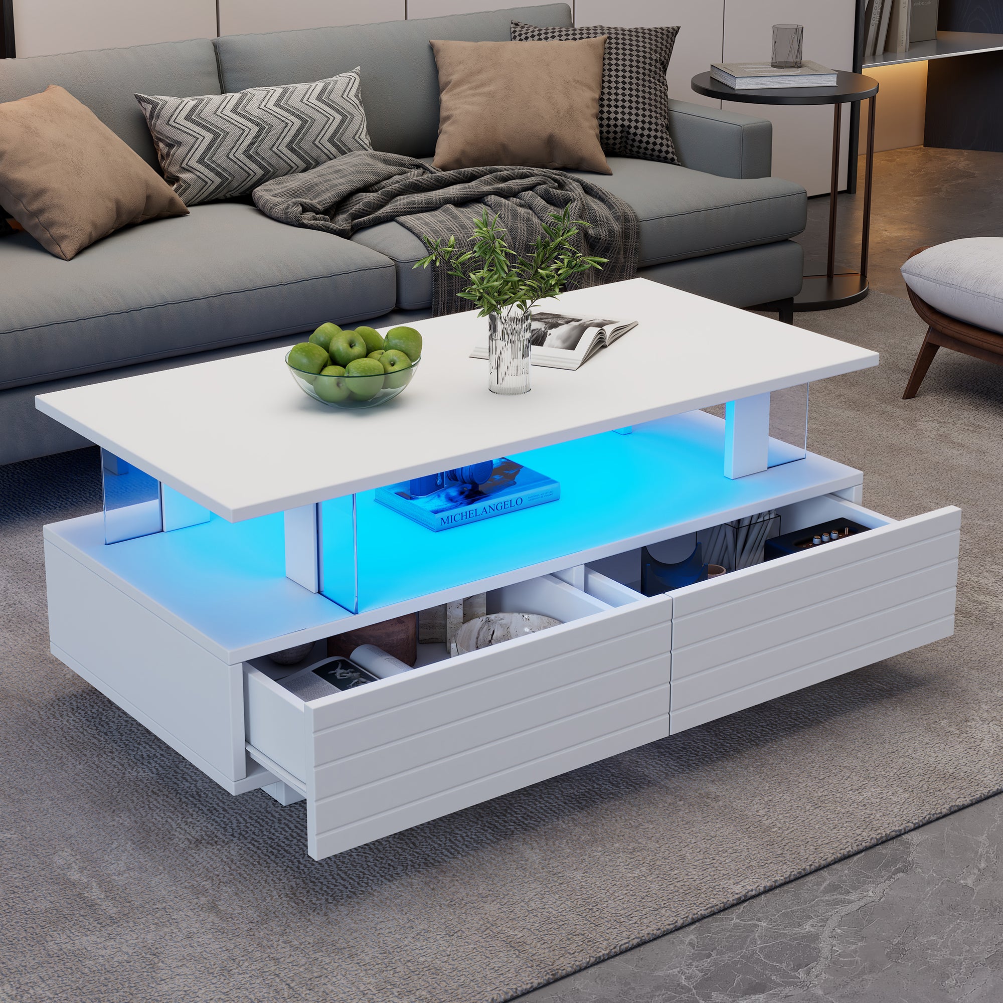 Table basse LED blanche avec fonction de rangement, table de salon ...