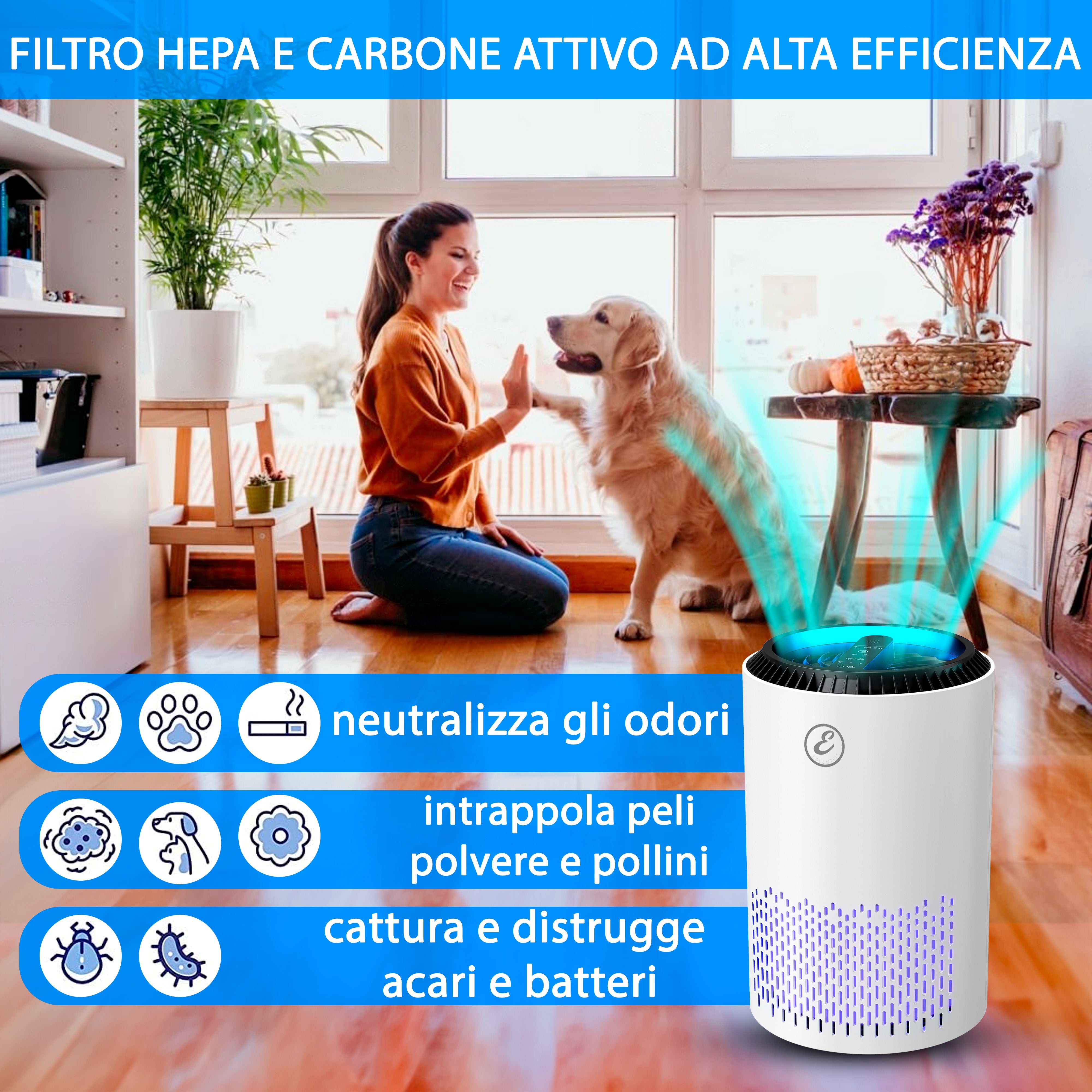 Purificatore Aria Portatile Air Purifier Filtro Hepa H13 22 Watt Elimina Odori Pollini Polvere Con Timer Camera Letto Soggiorno Bagno Ufficio 20 Mq - 2