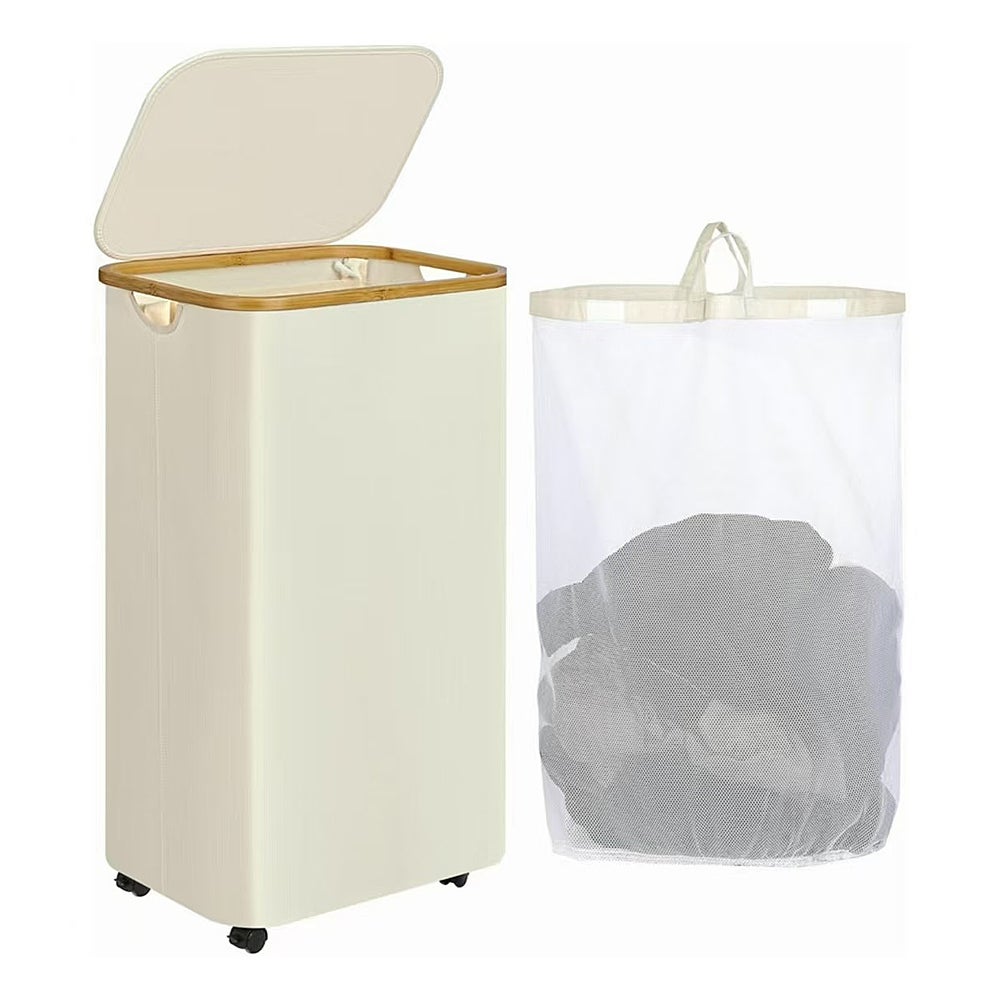 Cesto Portabiancheria Con Ruote E Coperchio Da 75L, Pieghevole Con Telaio In Bambù E Borsa, Bianco - 4