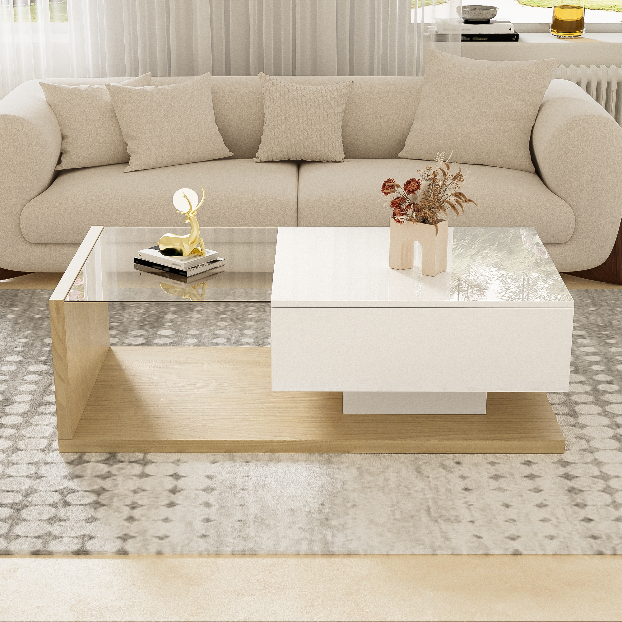 Couchtisch - Holztöne i biały lustrzany - 105x55x32,5cm - szuflada - LED - szkło - 7