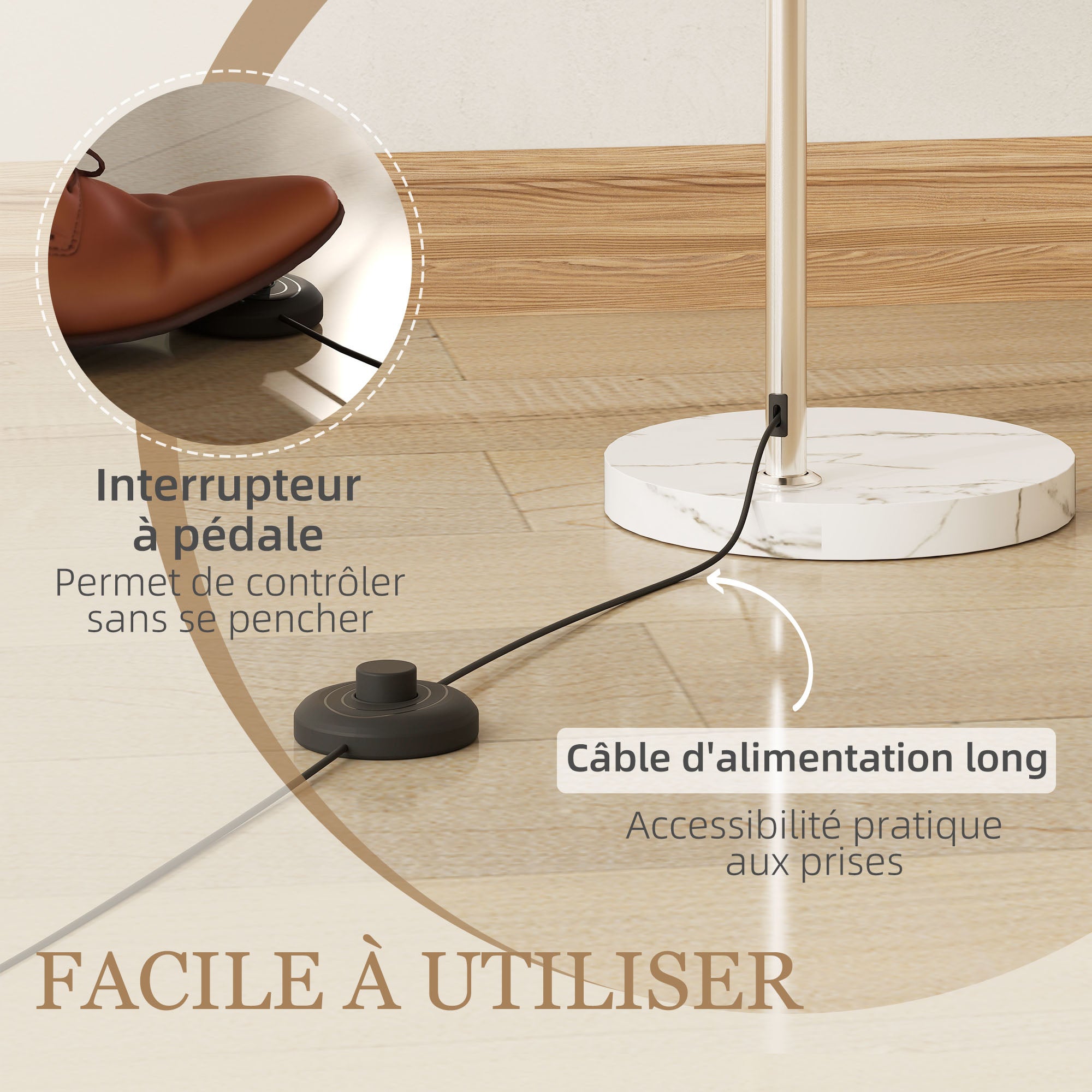 Lampadaire sur pied salon - HOMCOM - abat-jour minimaliste à haut mât et interrupteur à pied - métal - 26 x 90 x 180 cm - orange - 5