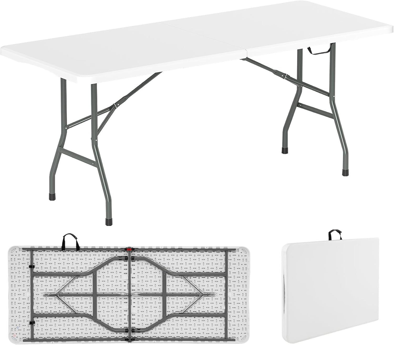 Pliantă de masă exterioară 180 x 74 x 75 cm, Pliantă de masă de camping portabilă din HDPE cu picioare metalice robuste, închisoare de siguranță