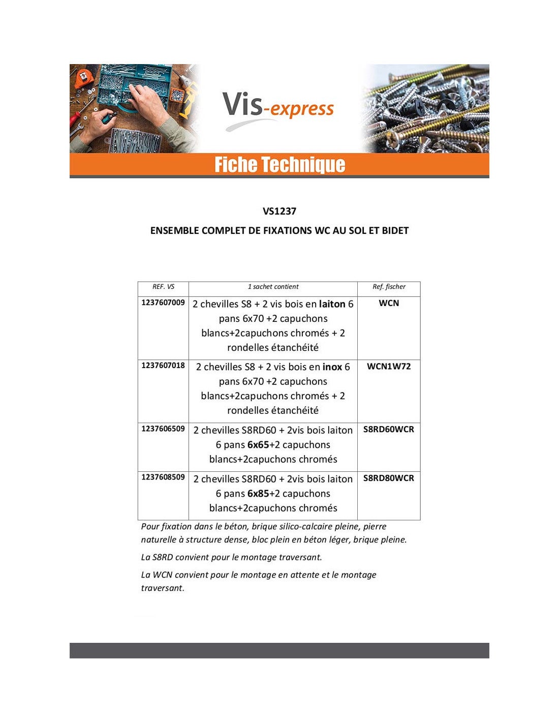 KIT Fixation WC Vis Inox 6X70 Fischer-1 pièce - 2
