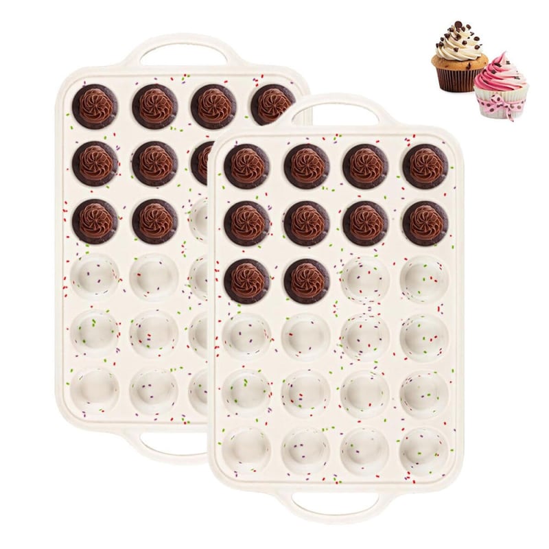 Miniaturowe foremki do ciast, 24 gniazda w każdej foremce, silikonowe, odpowiednie do wypieku muffinek, można myć w zmywarce, 2 sztuki, beżowe.
