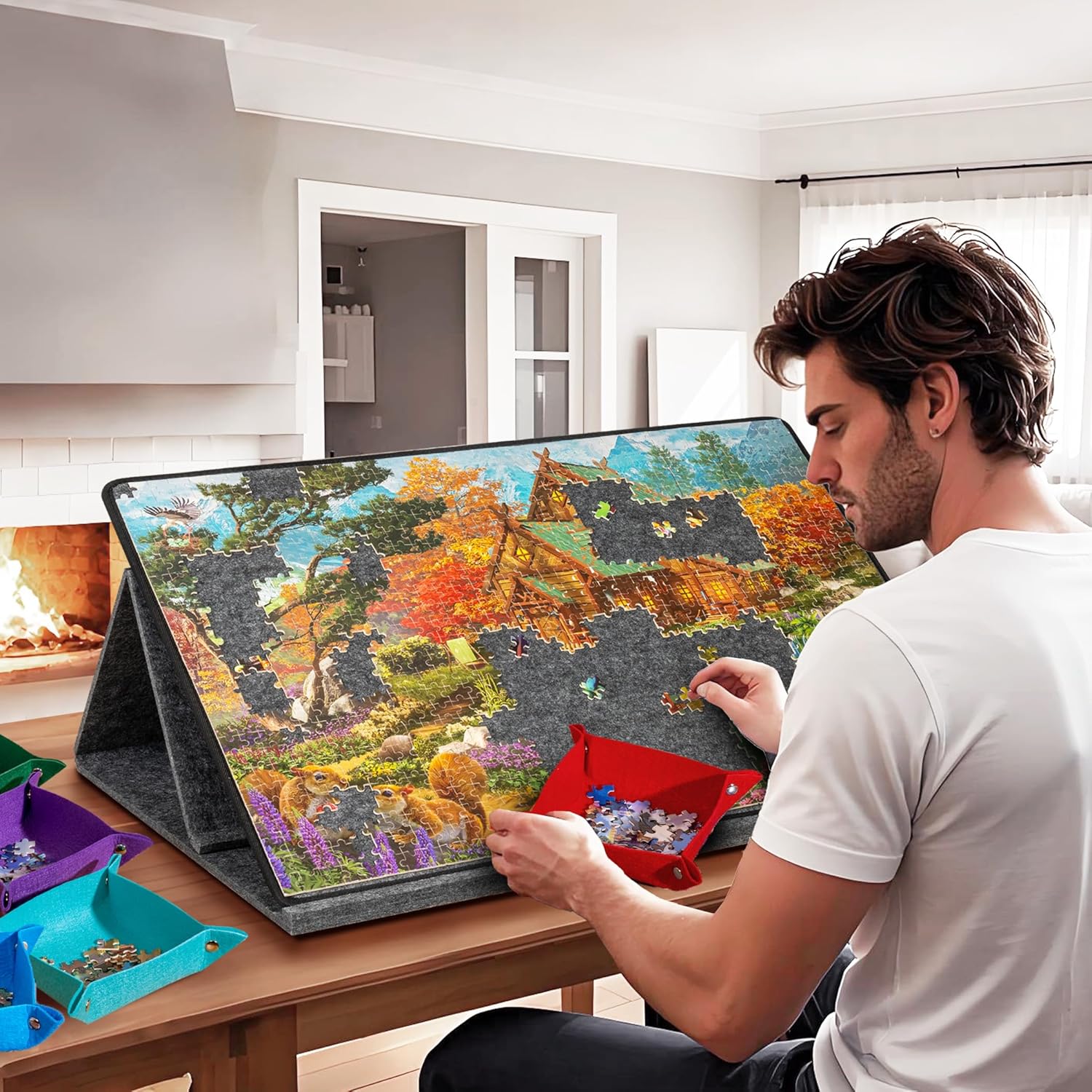 Plateau de puzzle portable en feutre de 1000 pièces avec 6 plateaux de tri de couleurs,plateau inclinable, support et couvercle 2 en 1,angle réglable - 6
